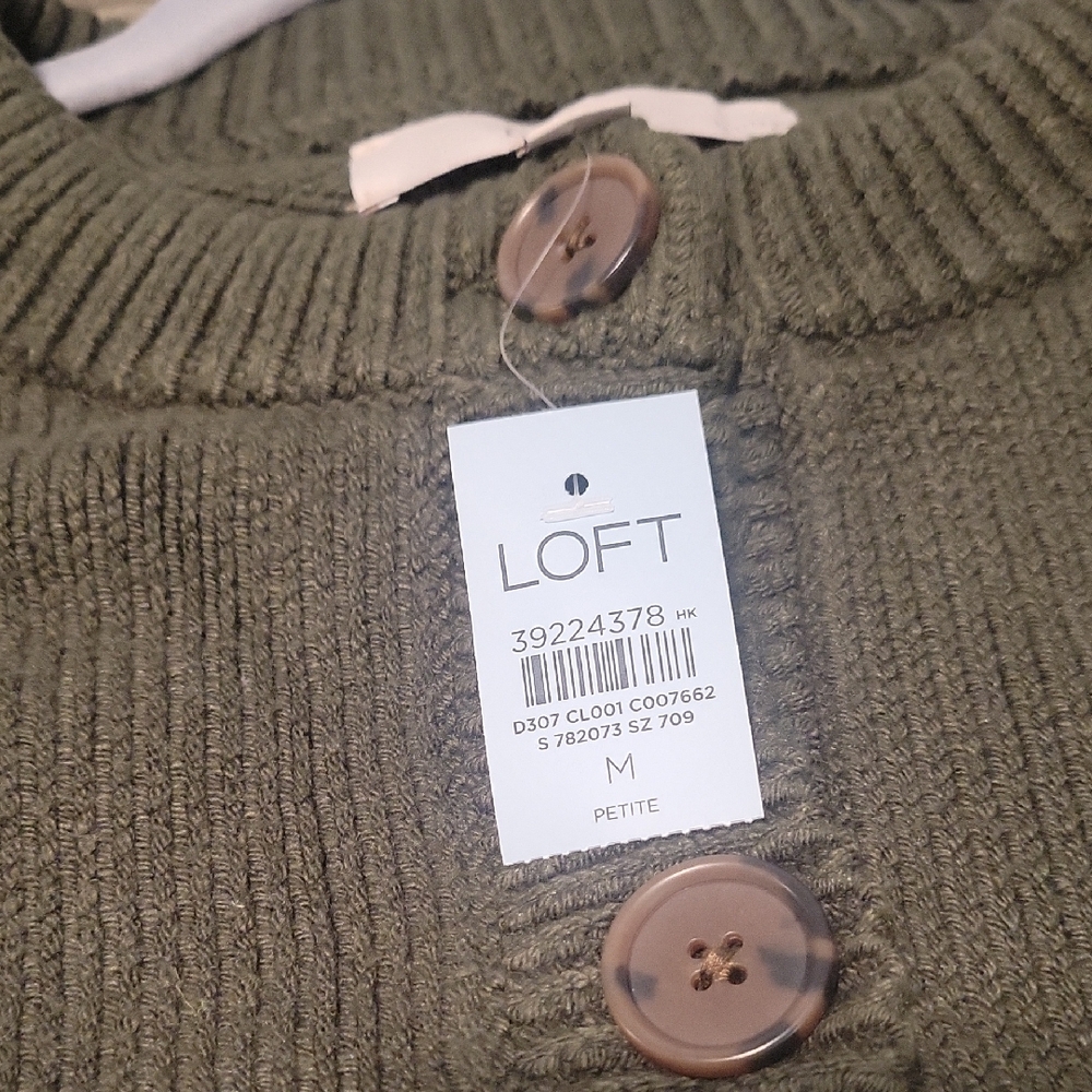 LOFT Olive Green Button-Front Crewneck Cardigan - Picture 5 of 11